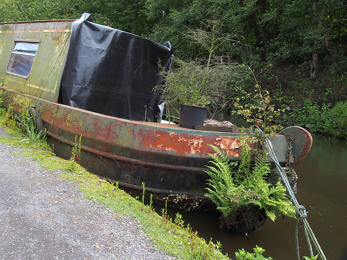 an old rusting houseboat overgrown with weeds moored on the rochdale canal listing to one side and beginning to sink An old rusting houseboat overgrown with weeds moored on the Rochdale Canal Listing to one side and starting to sink, by Zoonar PHILIP_OPENSH