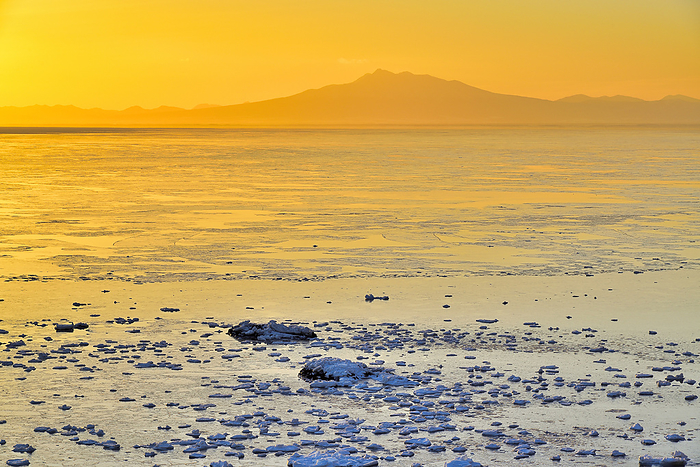 Drift ice and Shari dake in the morning Drift ice Hokkaido At Cape Nodori, Abashiri City