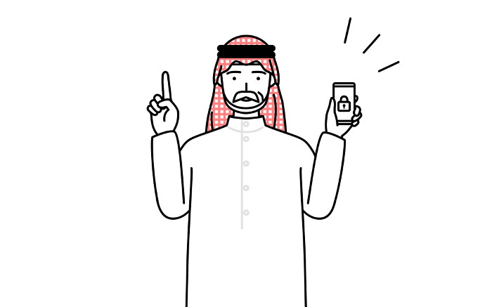 Senior Muslim man taking security measures for his phone.