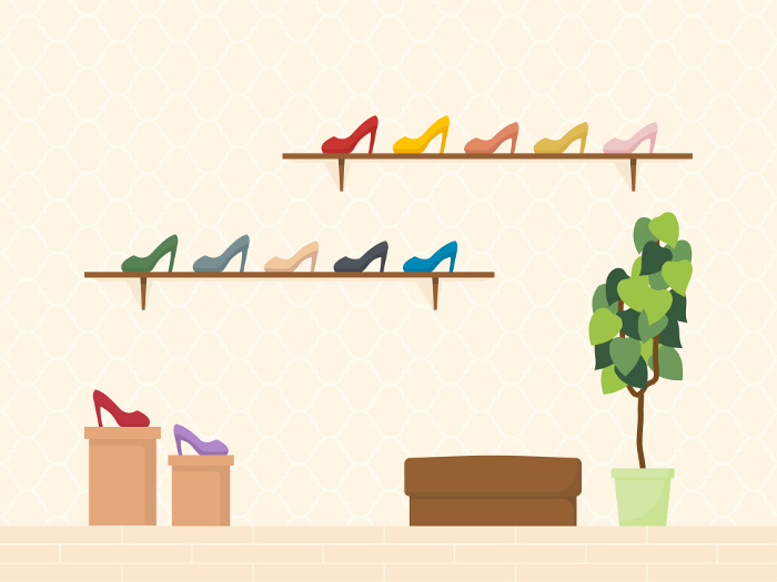 Clip art image of a shoe store interior, beige background