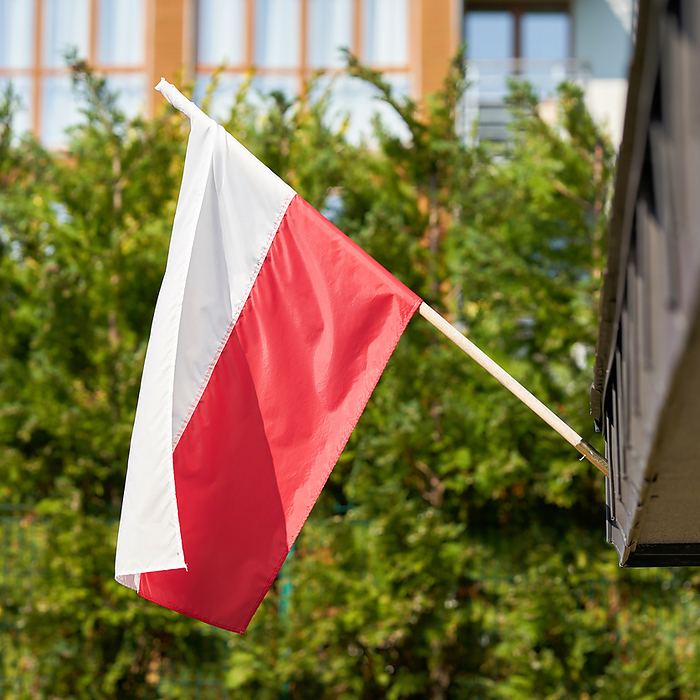 Polish national flag on a house in Swinoujscie in Poland Polish National Flag on a House in Swinoujscie in Poland, by Zoonar HEIKO KUEVERL
