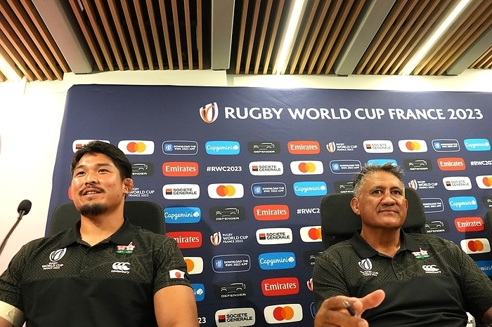 2023 Rugby World Cup Japan head coach Jamie Joseph  R  and Kazuki Himeno attend a press conference during the 2023 Rugby World Cup at the Ernest Wallon stadium in Toulouse, France, on September 8, 2023.  Photo by FAR EAST PRESS AFLO 