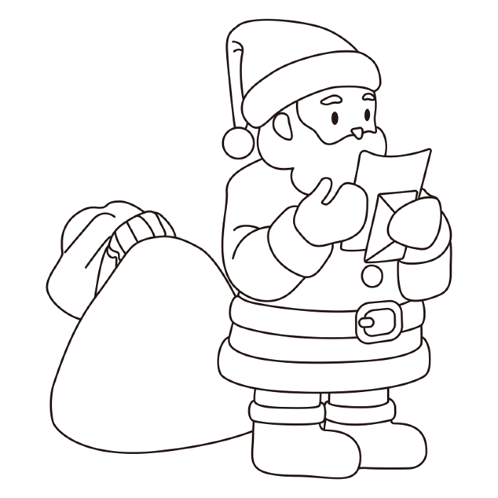 Line drawing of Santa Claus reading a letter, vector material