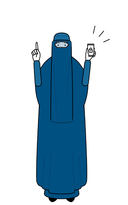 Burqa-clad Muslim woman taking security measures for her phone.