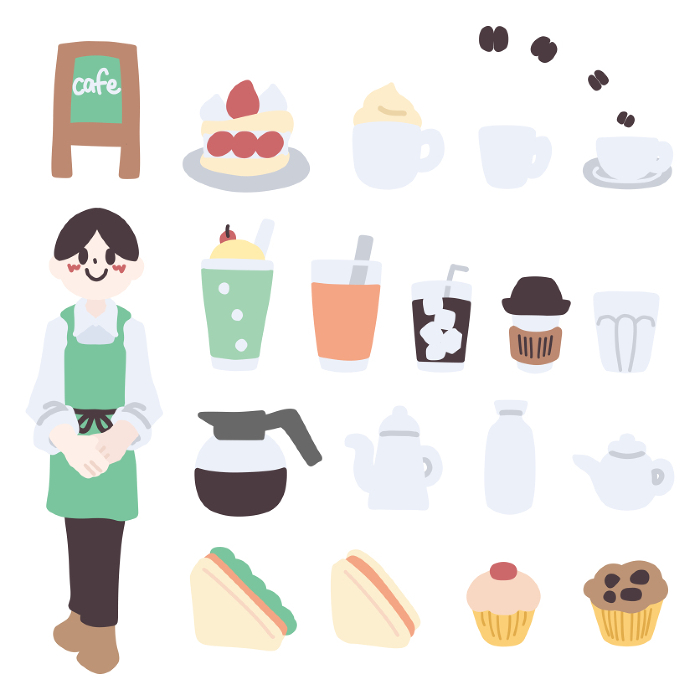 Set of small color illustrations of people, drinks, food, and other small items inspired by cafes