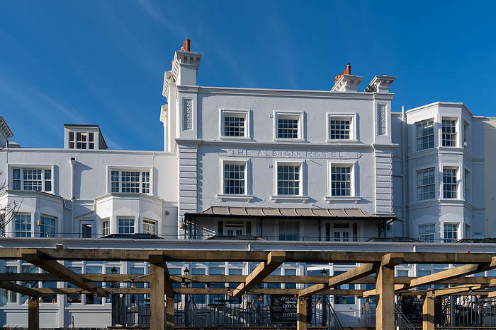 BROADSTAIRS, KENT UK   JANUARY 29 : View of the Royal albion Hotel in Broadstairs on January 29, 2020. One unidentified person Broadstairs, Kent UK   January 29: View of the Royal Albion Hotel in Broadstairs on January 29, 2020. One unidetified person, by Zoonar Phil Bird