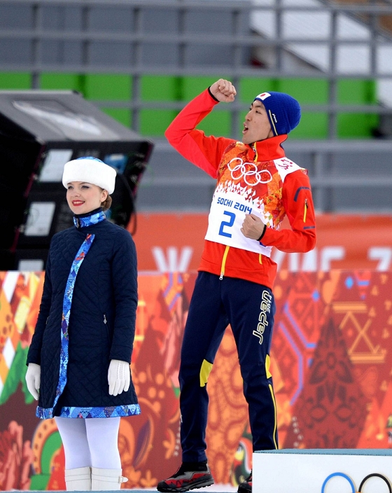 2014 Sochi Olympics Nordic Combined Individual Normal Hill, silver medal for Watanabe Akito Watabe  JPN , Eric Frenzel  GER , Magnus Krog  NOR , FEBRUARY 12, 2014   Nordic Combined : Silver medal winner Akito Watabe of Japan celebrates on podium at teh flower ceremony after the Individual Gundersen NH 10km at  RUSSKI GORKI  Jumping Center during the Sochi 2014 Olympic Winter Games in Sochi, Russia. Games in Sochi, Russia.