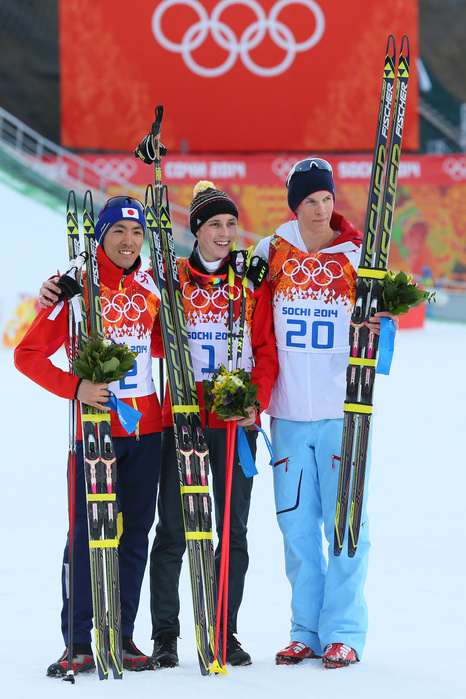 2014 Sochi Olympics Nordic Combined Individual Normal Hill, silver medal for Watanabe  L R  Akito Watabe  JPN , Eric Frenzel  GER , Magnus Krog  NOR  FEBRUARY 12, 2014   Nordic Combined :. Individual Gundersen NH 10km at  RUSSKI GORKI  Jumping Center during the Sochi 2014 Olympic Winter Games in Sochi, Russia.  Photo by Yohei Osada AFLO SPORT   1156 .