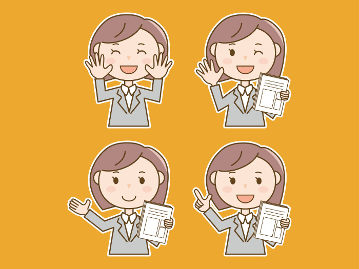 Suit woman holding documents explaining points_Greeting_Female office worker illustration set of 4 poses_White border