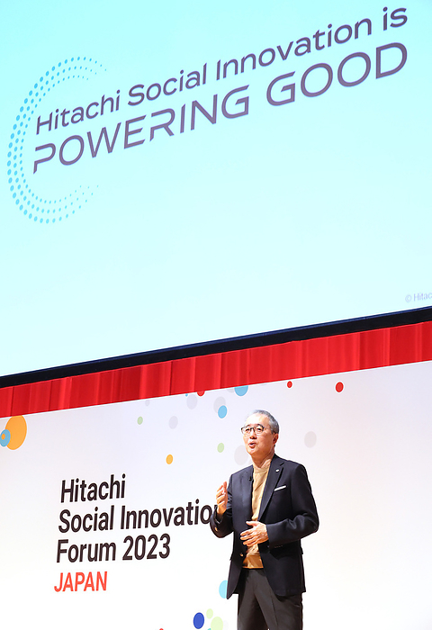 Hitachi president Keiji Kojima delivers a speech at the opening of Hitachi Social Innovation Forum September 20, 2023, Tokyo, Japan   Japan s electronics giant Hitachi president Keiji Kojima delivers a keynote speech at the opening of the company s hightech exhibition  Hitachi Social Innovation Forum 2023  in Tokyo on Wednesday, September 20, 2023. Hitachi holds a two day exhibition to display their latest technologies.    photo by Yoshio Tsunoda AFLO 