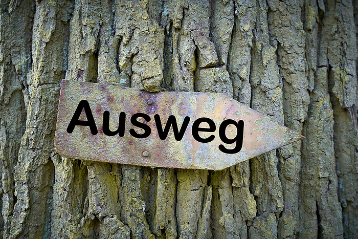 old rusty sign with the inscription way out  Ausweg  on a tree Old Rusty Sign with the Inscription Way Out  way out  on a Tree, by Zoonar HEIKO KUEVERL