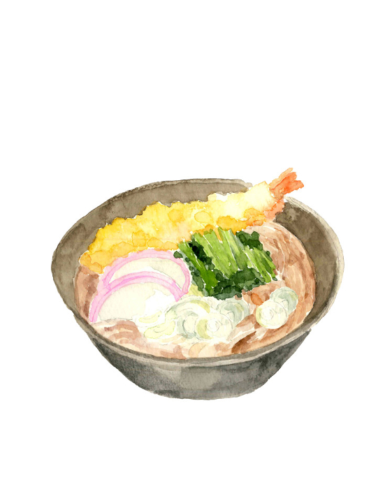 Shrimp tempura soba noodles with watercolor New Year's Eve soba noodles White background