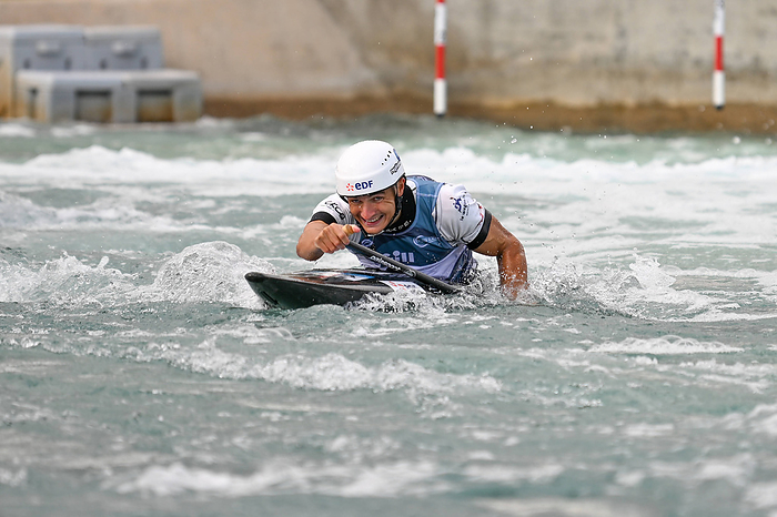 Nicolas Gestin completes his run in the Mens Canoe Final to take second place during the ICF Canoe Slalom World Champion Nicolas Gestin completes his run in the Mens Canoe Final to take second place during the ICF Canoe Slalom World Championships at Lee Valley White Water Centre, London, United Kingdom on 22 September 2023. Copyright: xPhilxHutchinsonx 38390208