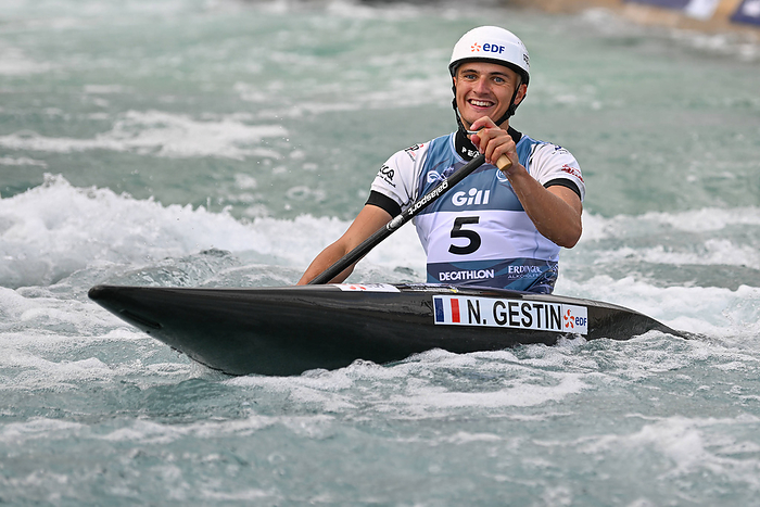 Nicolas Gestin completes his run in the Mens Canoe Final to take second place during the ICF Canoe Slalom World Champion Nicolas Gestin completes his run in the Mens Canoe Final to take second place during the ICF Canoe Slalom World Championships at Lee Valley White Water Centre, London, United Kingdom on 22 September 2023. Copyright: xPhilxHutchinsonx 38390212