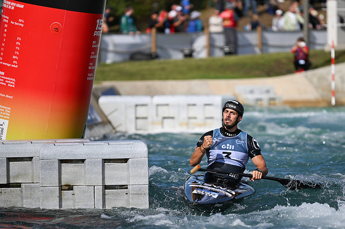 Sideris Tasiadis response on posting the 3rd fastest time in the semi final of the Mens Canoe during the ICF Canoe Slalo Sideris Tasiadis response on posting the 3rd fastest time in the semi final of the Mens Canoe during the ICF Canoe Slalom World Championships at Lee Valley White Water Centre, London, United Kingdom on 22 September 2023. Copyright: xPhilxHutchinsonx 38390221
