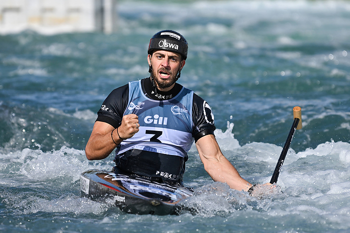Sideris Tasiadis response on posting the 3rd fastest time in the semi final of the Mens Canoe during the ICF Canoe Slalo Sideris Tasiadis response on posting the 3rd fastest time in the semi final of the Mens Canoe during the ICF Canoe Slalom World Championships at Lee Valley White Water Centre, London, United Kingdom on 22 September 2023. Copyright: xPhilxHutchinsonx 38390222
