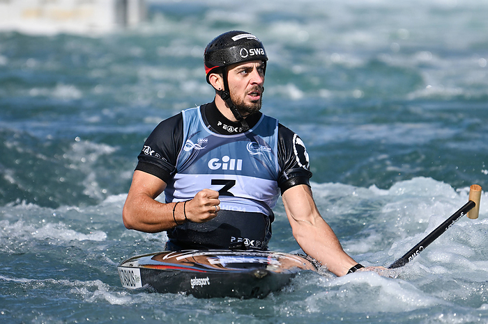 Sideris Tasiadis response on posting the 3rd fastest time in the semi final of the Mens Canoe during the ICF Canoe Slalo Sideris Tasiadis response on posting the 3rd fastest time in the semi final of the Mens Canoe during the ICF Canoe Slalom World Championships at Lee Valley White Water Centre, London, United Kingdom on 22 September 2023. Copyright: xPhilxHutchinsonx 38390223