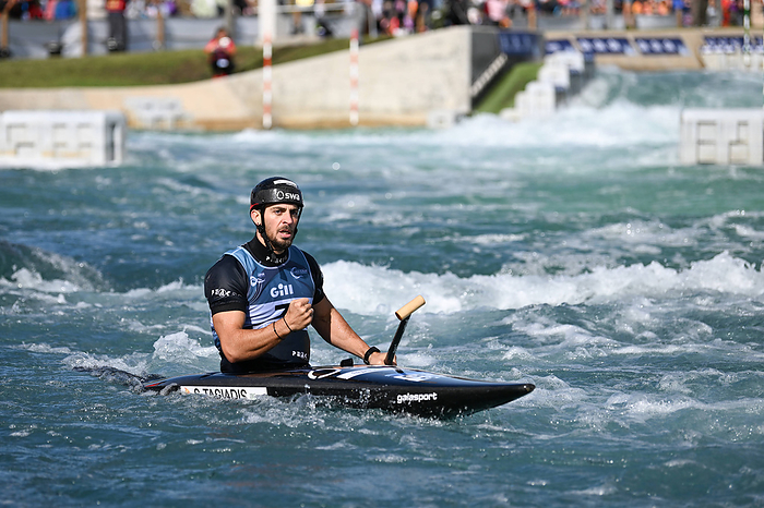 Sideris Tasiadis response on posting the 3rd fastest time in the semi final of the Mens Canoe during the ICF Canoe Slalo Sideris Tasiadis response on posting the 3rd fastest time in the semi final of the Mens Canoe during the ICF Canoe Slalom World Championships at Lee Valley White Water Centre, London, United Kingdom on 22 September 2023. Copyright: xPhilxHutchinsonx 38390224
