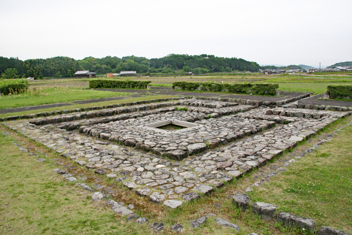The remains of Itabatamiya Palace in Asuka, stone ruins on a grassy plain