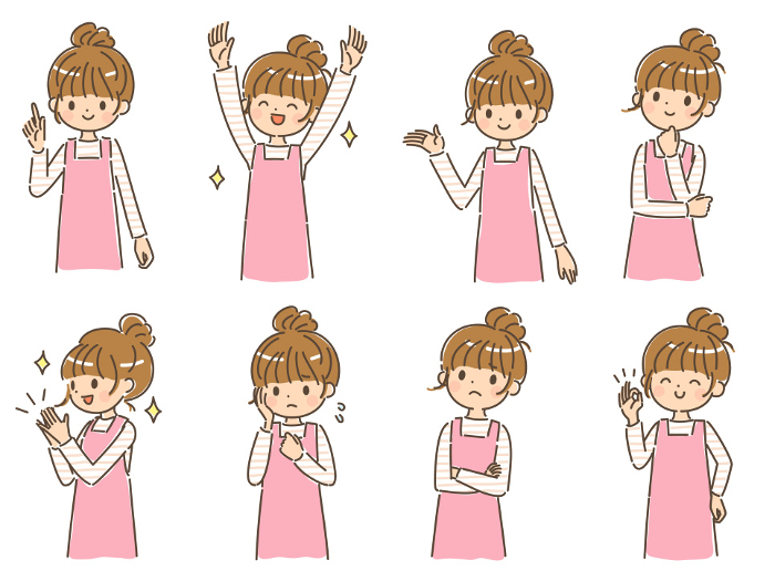 Young woman gesture set, upper body, no background
