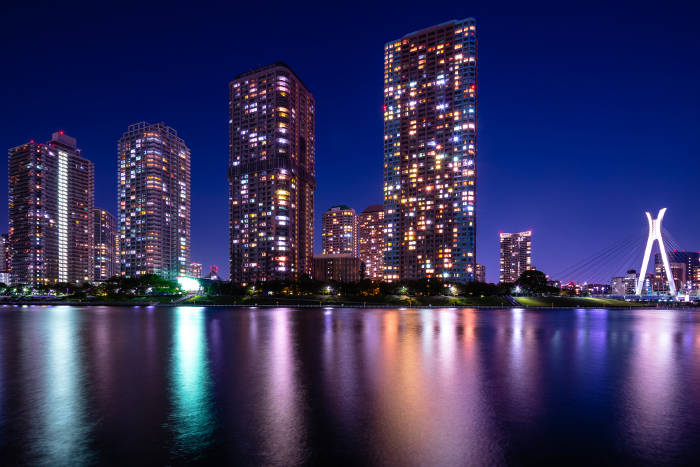 Night view of high-rise apartments in Tsukuda, Tokyo