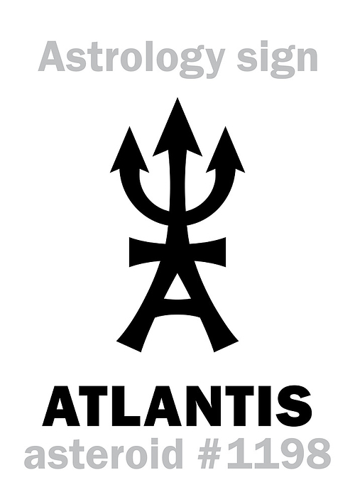 Astrology Alphabet: ATLANTIS (Ancient Legendary Civilization, continent lost in the depths of the sea, the estate of Poseidon), asteroid #1198. Hieroglyphics character sign (single symbol).