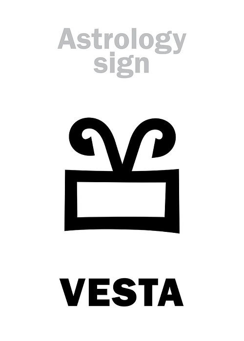 Astrology Alphabet: VESTA, classic asteroid #4. Hieroglyphics character sign (symbol used since 1807 year, meaning the fire on the hearth or altar).