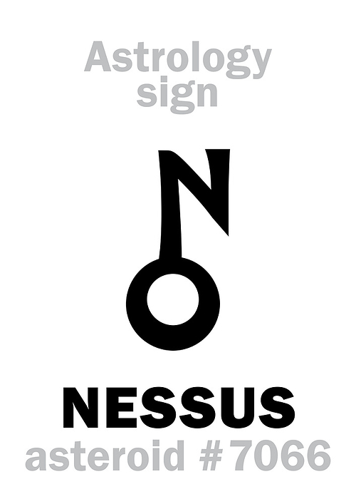 Astrology Alphabet: NESSUS (centaur), asteroid #7066, cis-Neptunian object (between orbits of Neptune and Saturn). Hieroglyphics character sign (symbol, proposed in the late 1990's).
