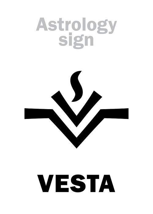 Astrology Alphabet: VESTA, asteroid #4, most bright in Asteroids belt. Hieroglyphics character sign (modern symbol: the fire on the hearth or altar).