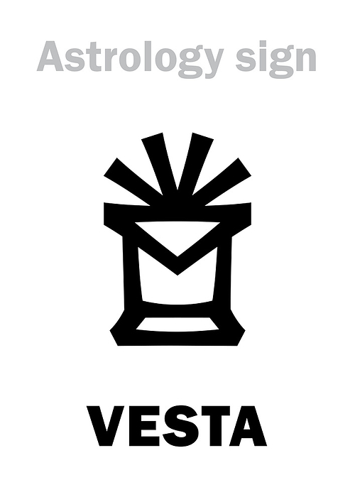 Astrology Alphabet: VESTA, asteroid #4, most bright in Asteroids belt. Hieroglyphics character sign (symbol, used since 1855 year).