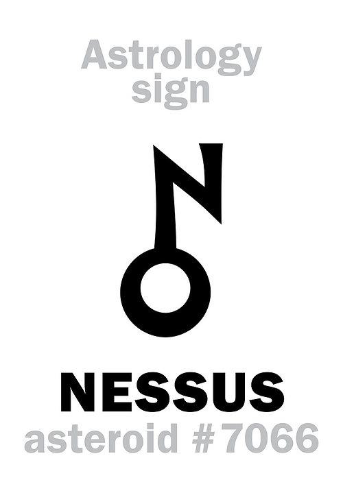 Astrology Alphabet: NESSUS, asteroid #7066, cis-Neptunian object (between orbits of Neptune and Saturn). Hieroglyphics character sign (symbol, proposed in the late 1990's).