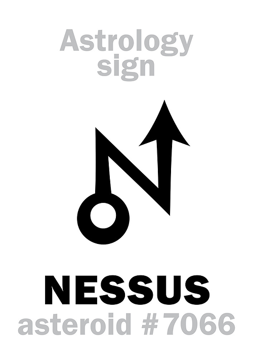 Astrology Alphabet: NESSUS, asteroid #7066, cis-Neptunian object (between orbits of Neptune and Saturn). Hieroglyphics character sign (single symbol).