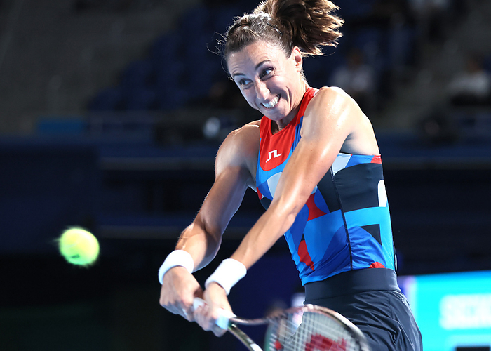 A first round match of the Toray Pan Pacific Open tennis tournament September 26, 2023, Tokyo, Japan   Petra Martic of Croatia returns the ball against Japan s Misaki Doi during the first round match of the Toray pan Pacific Open tennis tournament at the Ariake Colosseum  in Tokyo on Tuesday, September 26, 2023. Doi defeated Martic 7 6, 6 2 and she will withdraw from her professional tennis carrier after this tornament.    photo by Yoshio Tsunoda AFLO 