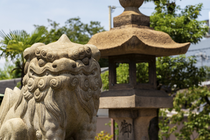 Komainu (guardian dogs) and lanterns at shrines