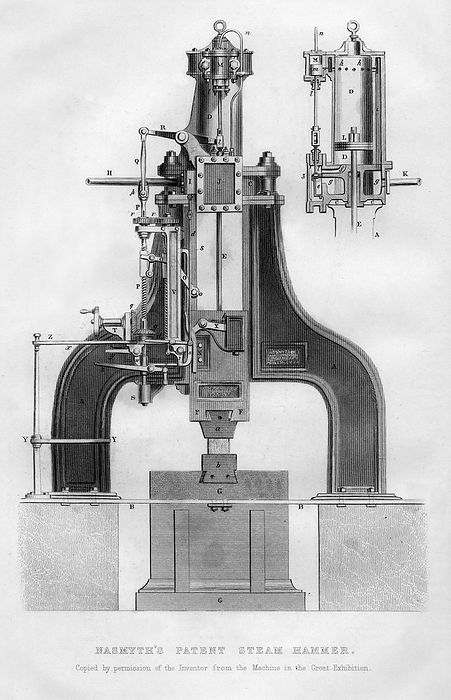 Nasmyth s patent steam hammer, 1866. Artist: Unknown Nasmyth s patent steam hammer, 1866. The steam hammer was invented by the Scottish engineer and inventor James Nasmyth  1808 1890 . It took the human effort out of the process of forging wrought iron and steel to form engine and machine parts, as well as substantially reducing production costs. A print from Cyclopaedia of Useful Arts, Mechanical and Chemical, Manufactures, Mining, and Engineering, edited by Charles Tomlinson, Volume II, Virtue and Co, London, 1866.