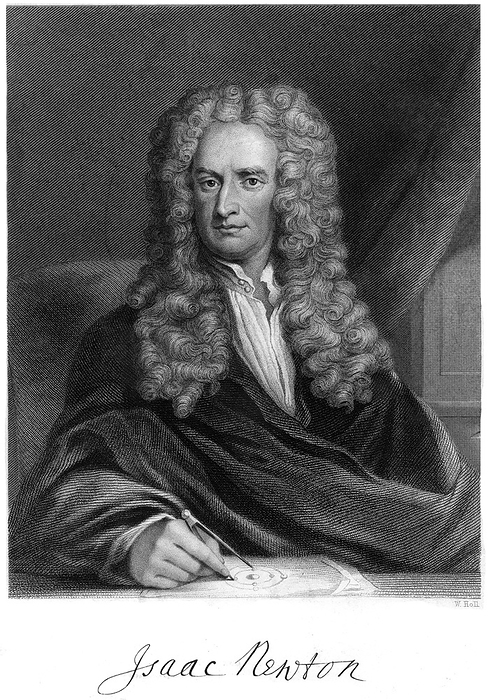 Sir Isaac Newton, English mathematician, astronomer and physicist,  19th century .Artist: W Holl Sir Isaac Newton, English mathematician, astronomer and physicist,  19th century . Newton s  1643 1727  discoveries were prolific and exerted a huge influence on science and thought. His theories of gravity and his three laws of motion were outlined in his greatest work, Philosophiae Naturalis Principia Mathematica  1687  and he is credited with discovering differential calculus. He also formulated theories regarding optics and the nature of light that led to him building the first reflecting telescope. Knighted by Queen Anne in 1705, Newton is buried in Westminster Abbey, London.