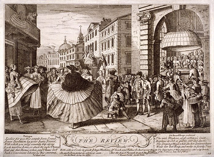 The review ..., Soho, London, 1750. Artist: Anon  The review ... , 1750  a street in the Soho area, London, with women of fashion wearing enormous hoop skirts with pulley operated lifting devices  in the rear a woman in a similar skirt is being hoisted on the roof of a coach while through an archway on right a weeping girl is being interrogated under the canopy of her own skirt.  Artist: Anon