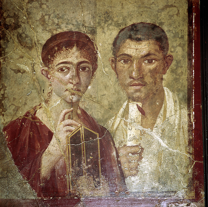 Roman portrait paining of Terentius Neo and his wife, Pompeii, Italy. Artist: Unknown Roman portrait paining of Terentius Neo and his wife, Pompeii, Italy. Found in the house adjoining bakery and so is often called The Baker and his Wife. Also known as Paquius Proculus and his wife. The man holds a papyrus roll while the woman holds a writing tablet and stylus.