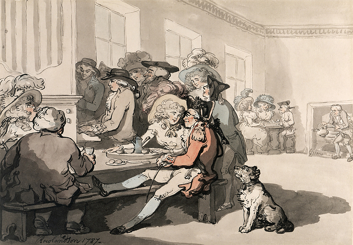  The Chocolate House , 1787.  Artist: Thomas Rowlandson  The Chocolate House , 1787. People taking tea, coffee, and chocolate at the White Conduit House, Islington, London. A woman and a soldier flirt over a cup of chocolate in one of London s fashionable establishments. A dog waits anxiously as his master relaxes. An organist entertains the customers. Artist: Thomas Rowlandson
