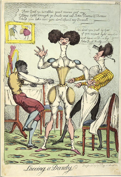  Lacing a Dandy , 1819. Artist: Unknown  Lacing a Dandy , 1819. Two servants pull on the laces of a man s corset. Men were not immune to the lure of fashion, and fashion conscious dandies squeezed themselves into corsets in order to maintain a modishly  trim figure.