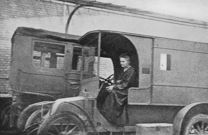 Marie Curie, Polish born French physicist, driving a car converted into a radiological unit, 1914. Artist: Unknown Marie Curie, Polish born French physicist, driving a Renault car converted into a radiological unit, 1914. Marie Curie  1867 1934  drove this vehicle from hospital to hospital, using it to treat wounded soldiers after the outbreak of the First World War in August 1914. Marie and her husband Pierre pioneered research into radioactivity, discovering the elements radium and polonium. They shared the Nobel Prize for Physics with Henri Becquerel in 1903, and Marie won a second Nobel Prize, for Chemistry, in 1911.