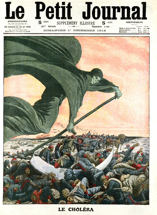 Cholera, 1912. Artist: Unknown Cholera, 1912. Death, the grim reaper, decimating a column of Turkish soldiers During the First Balkan War  1912 1913  between Turkey and the Balkan League  Bulgaria, Serbia, Greece and Montenegro , the Turkish army was ravaged by a cholera epidemic, which caused 100 deaths a day. Illustration from Le Petit Journal.  Paris, 1 December 1912 .