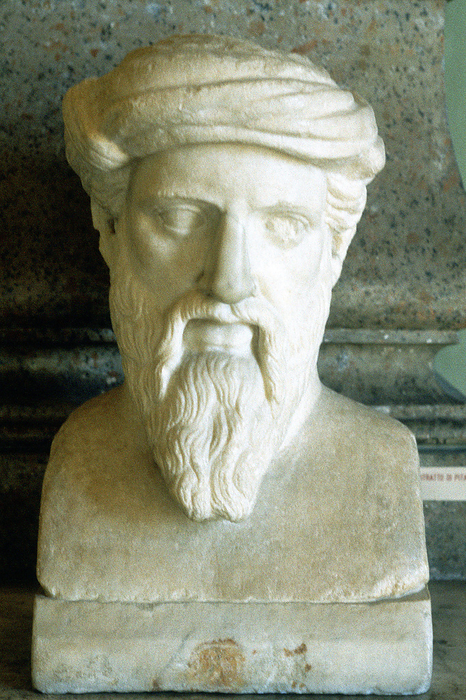 Pythagoras, Ancient Greek mathematician and philosopher, 6th century BC. Artist: Unknown Pythagoras, Ancient Greek mathematician and philosopher, 6th century BC. Portrait bust. As a philosopher, Pythagoras  c580 c500 BC  promoted the doctrine of the transmigration of souls, the kinship of all living things and various ritual rules of abstinence. As a mathematician, he is associated with discoveries involving the relations of numbers, the theorem which bears his name, and with more fundamental beliefs about the understanding and representation of the world of nature through numbers.
