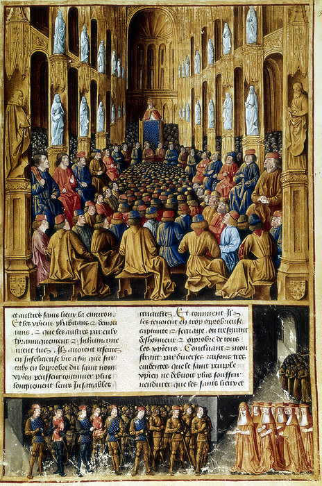 Pope Urban II presiding over the Council of Clermont, France, 1095  c1490 . Artist: Unknown Pope Urban II presiding over the Council of Clermont, France, 1095  c1490 . Urban II  c1035 1099 , Pope from 1088 1099, preaching the First Crusade to assembled knights, noblemen and cardinals. From Le Passage faits outremer par les Francais contre le Turcs et Autres Sarrasins et Maures outremarins   Overseas Journeys made by the French against Turks and other Saracens and Moors  by Sebastien Mamerot.