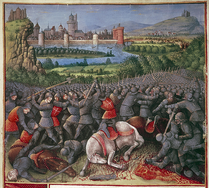 Battle during First Crusade  People s Crusade , 1096 1099,  c1490 . Artist: Sebastian Marmoret French Battle during First Crusade  People s Crusade , 1096 1099,  c1490 . Foreground: mounted knights unhorsed and killed. Centre: melee of hand to hand fighting with, on left, man wielding two sided battleaxe or bipennis. Right background: reinforcements streaming out of city gates. Peter The Hermit  c1050 c1115  was popularly credited with instigating first crusade but his role was not as significant as medieval historians claimed. Detail from Passages fait Outremer. Artist: Sebastian Marmoret French
