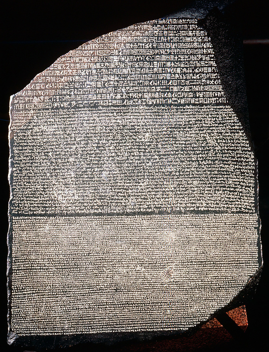 The Rosetta Stone, 196 BC. Artist: Unknown The Rosetta Stone, 196 BC. A basalt slab inscribed with a decree of the Pharaoh Ptolemy Epiphanes  Ptolemy V   205 180 BC  in three languages  Greek, Hieroglyphic and Demotic script. Discovered near Rosetta in Egypt in 1799, the stone became the key to deciphering Egyptian inscriptions. It was translated by Jean Francois Champollion between 1822 and 1824. From the British Museum.