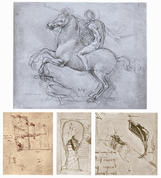  The Sforza Monument , c1488 1493. Artist: Leonardo da Vinci  The Sforza Monument , c1488 1493. Top: study, c1488 1490, from the collection of the Royal Library, Windsor Castle, Windsor, England  bottom right:  Two Sketches of Moulds for Casting a Prancing Horse , from the Codex Atlanticus, centre:  Horse within a Mould , bottom left:  The Mould Packed for Transport , 1491 1493, from the collection of the Royal Library, Windsor Castle, Windsor, England. Artist: Leonardo da Vinci