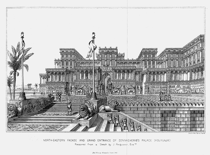 Reconstruction of the north eastern fa  xe7 ade of Sennacherib s palace  Kouyunjik , Assyrian, 1853. Artist: Unknown Reconstruction of the north eastern fa  xe7 ade of Sennacherib s palace  Kouyunjik , Assyrian, 1853. Sennacherib, King of Assyria  701 BC 681 BC , built a magnificent palace at the kingdom s capital, Nineveh, in northern Iraq. In 612 BC the city was razed to the ground by the Babylonians. The palace was rediscovered in 1847 by the British archaeologist and diplomat Sir Henry Austen Layard. From Discoveries in the Ruins of Nineveh and Babylon by Henry Austen Layard.  London, 1853 .