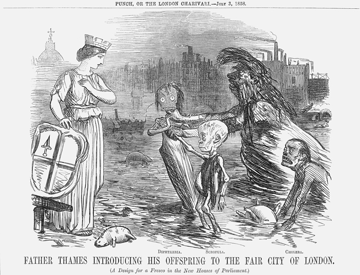  Father Thames introducing his offspring to the fair city of London. , 1858. Artist: Unknown  Father Thames introducing his offspring to the fair city of London. , 1858.   A design for a Fresco in the New Houses of Parliament.    Father Thames introduces his children, Diptheria, Scrofula and Cholera to the lady on the left who represents the City of London. In the background, to the left, can be seen the murky outline of St. Paul s. The architect, George Godwin, in his work Town Swamps and Social Bridges had described how a man living by the Thames had been able to tell the time by the constant reappearance with the sluggish tide of a swollen, dead dog. The summer of 1858 had been very dry and this had heightened the everyday problems caused by the usual filthy state of the Thames. A poem in Punch, Bake, bake, bake, includes the lines,  And the swoln dead dogs go down Through the bridges, past Tow r Hill . This is a play on the title of Tennyson s famous poem, Break, Break, Break.   From Punch, or the London Charivari, July 3, 1858. Artist: Unknown