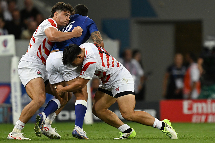 2023 Rugby World Cup  L R  Dylan Riley  JPN , Ryoto Nakamura  JPN  Ryoto Nakamura  JPN , Ryoto Nakamura  JPN  SEPTEMBER 28, 2023   Rugby :. 2023 Rugby World Cup Pool D match between Japan   Samoa at Stadium de Toulouse in Toulouse, France.  Photo by MATSUO. K AFLO SPORT 
